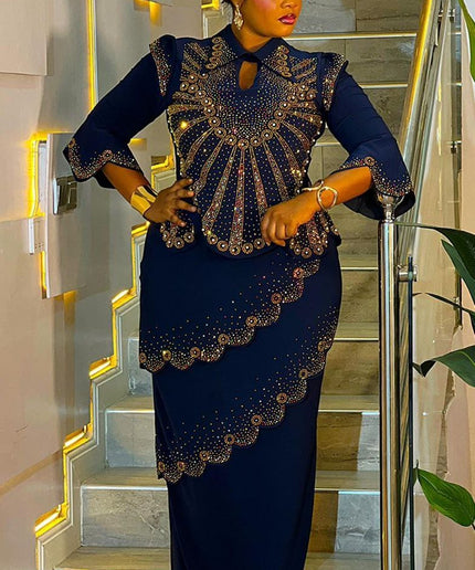 Navy Blue Rhinestone-Embellished Asymmetric Maxi Dress for Wedding Birthday Mother of The Groom