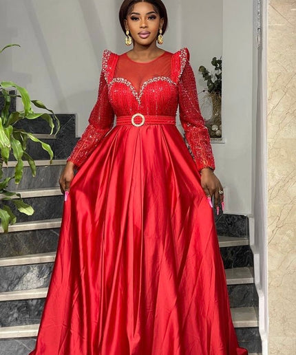 Elegant Red Sequin Embellished Formal Evening Gown for Mother of The Groom Bride Photoshoot Birthday Engagement Wedding Guest Anniversary Party Dress