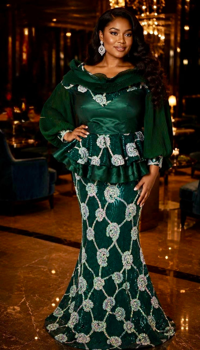 Stunning Green Sequin Embellished Peplum Party Dress for Wedding Birthday Celebrant Cocktail Party Mother of The Bride