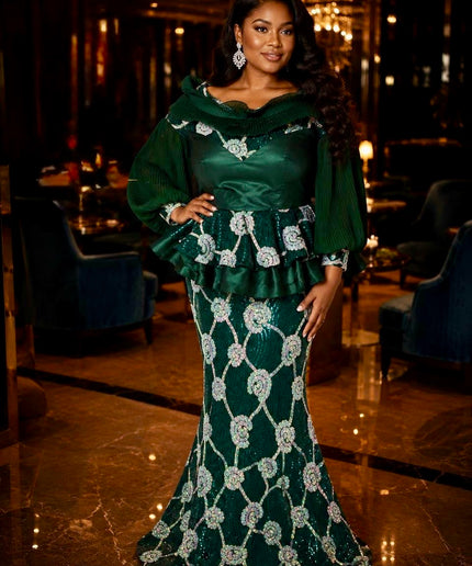 Stunning Green Sequin Embellished Peplum Party Dress for Wedding Birthday Celebrant Cocktail Party Mother of The Bride