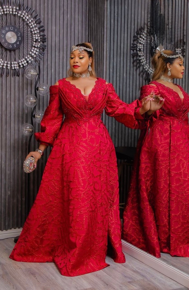 White Metallic Brocade Cold Shoulder Embellished A-Line Gown - Bridal Photoshoot Mother of The Groom or Bride Anniversary Engagement