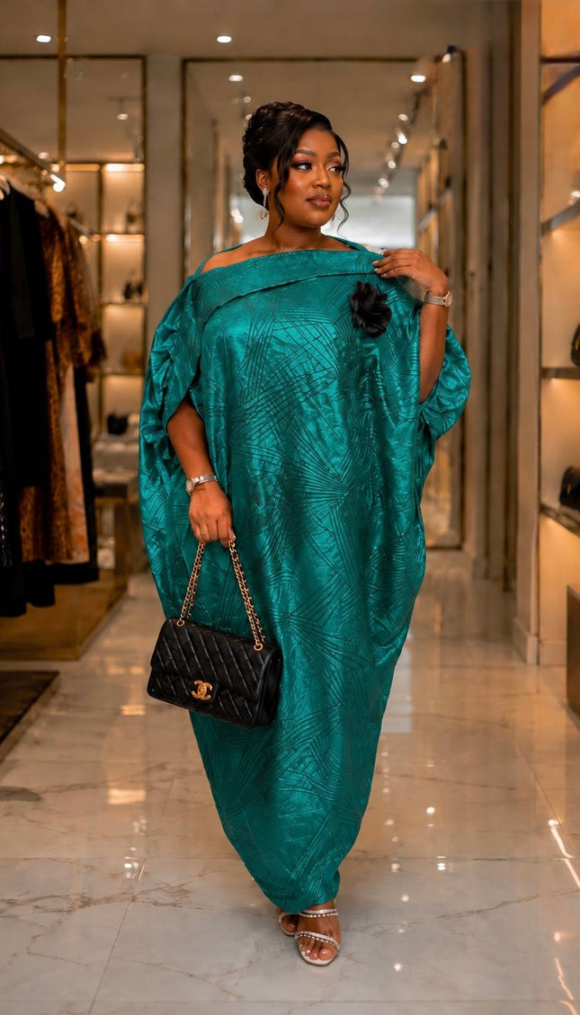Luxury Royal Blue Off-Shoulder Brocade Kaftan Dress with Detachable 3D Flower, African Bubu Gown Wedding Guest Attire Rich Aunty Vibe Birthday Party Outfit Oversized Loose Plus Size Turkish Women's Fashion
