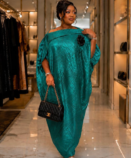 Luxury Royal Blue Off-Shoulder Brocade Kaftan Dress with Detachable 3D Flower, African Bubu Gown Wedding Guest Attire Rich Aunty Vibe Birthday Party Outfit Oversized Loose Plus Size Turkish Women's Fashion