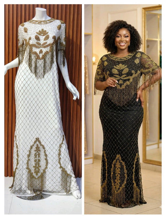 Plus Size White Crystal-Fringe Embellished Evening Gown for Mother of The Bride Photoshoot Birthday Dinner Wedding Guest