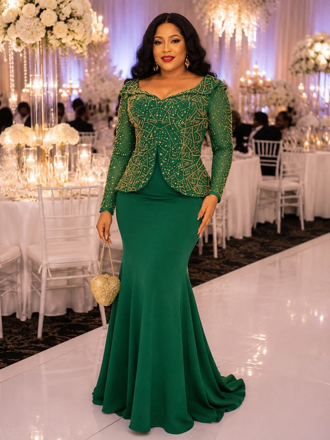 Plus Size Green Embellished Peplum Mermaid Dress for Party Cocktail Mother of The Groom Wedding Guest Birthday Photoshoot Formal Evening Outfit