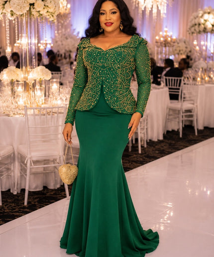Plus Size Green Embellished Peplum Mermaid Dress for Party Cocktail Mother of The Groom Wedding Guest Birthday Photoshoot Formal Evening Outfit