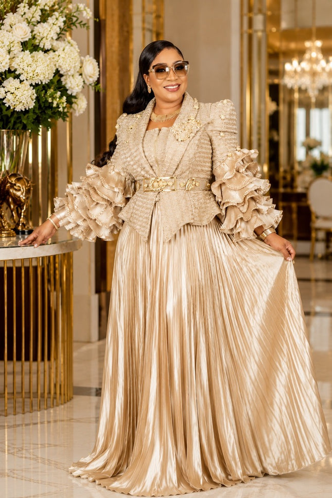Center of Attention Black & Gold Embellished Ruffle Sleeve Pleated A-Line Maxi Skirt Set