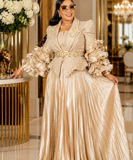 Center of Attention Black & Gold Embellished Ruffle Sleeve Pleated A-Line Maxi Skirt Set