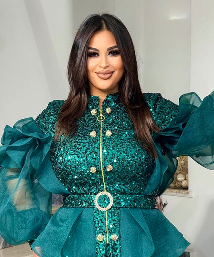 Blue Sequin Wedding Guest Dress Ruffles Peplum, Plus Size Mother of The Bride Evening Wear