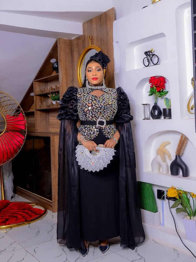 Dramatic Cape Sleeve Embellished Dress and Hat | Women's Maxi Dress Wedding Guest Mother of The Bride