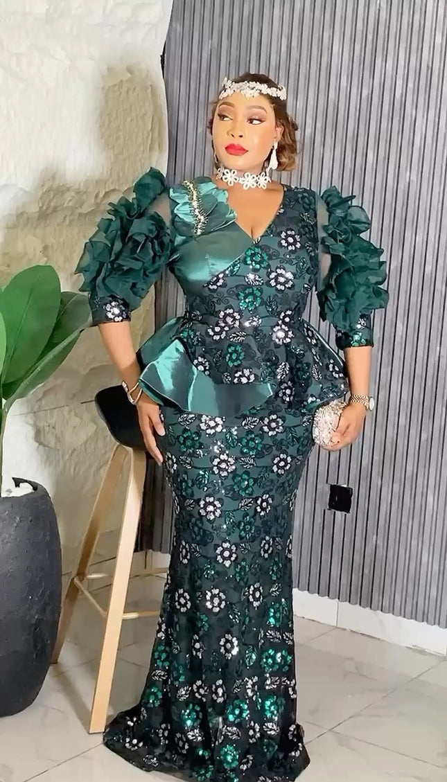 Dramatic Sleeve Peplum Mermaid Dress | Birthday Party Wedding Guest