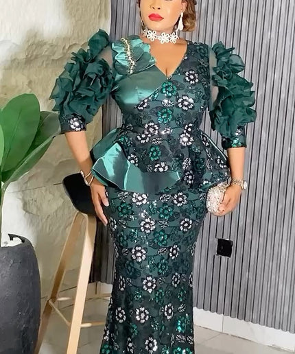 Dramatic Sleeve Peplum Mermaid Dress | Birthday Party Wedding Guest