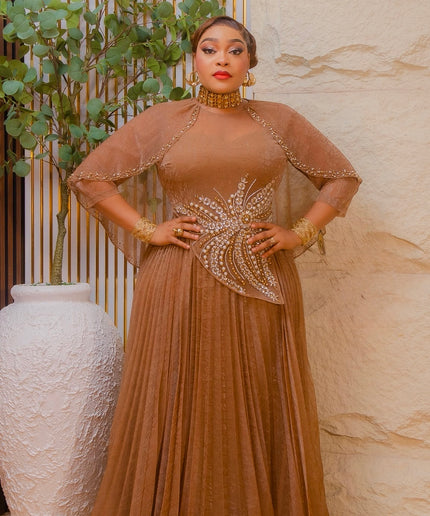 Stunning Green Crystal Rhinestone Embellished Cape Pleated A-Line Maxi Gown for Wedding Anniversary Birthday Party Mother of The Bride Plus Size