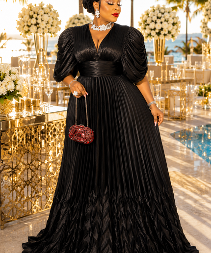 Dramatic Purple Crystal-Embellished Sleeve Draped Pleated Dress for Birthday Celebrant Engagement Ceremony Mother of The Bride Wedding Guest