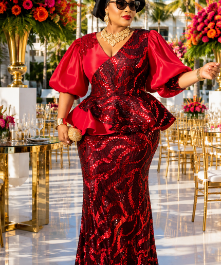 Gold Sequin Peplum Maxi Dress for Mother of The Bride Celebrant Party Birthday Wedding Guest Cocktail Dinner Formal Evening Gown