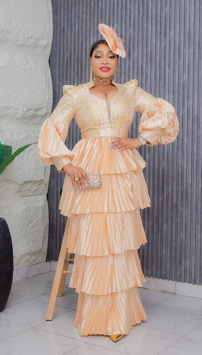 Gold Dramatic Waterfall Ruffle Maxi Dress with Hat for Mother of The B FASHIONISKO Gold Dramatic Waterfall Ruffle Maxi Dress with Hat for Mother of The B FASHIONISKO