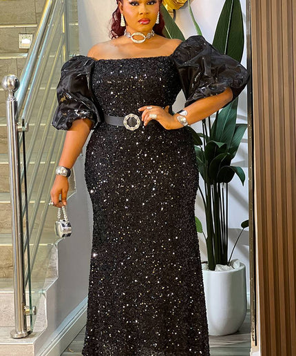 Burgundy Wine Sequin Puff Sleeve Maxi Dress for Wedding Guest Mother of The Bride