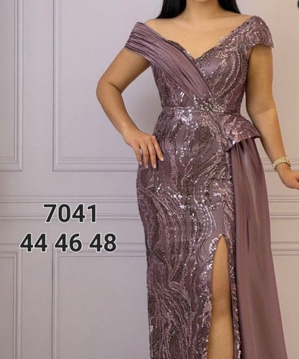 Off-The-Shoulder Sequin Side Drape Maxi Dress | Wedding Guest Bridal Photoshoot Mother of The Bride Birthday Celebration