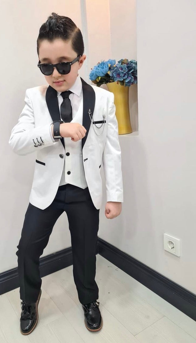 Boys' Tuxedo Suit 6 Piece Jacket Vest Shirt Pants Tie Chain Lapel