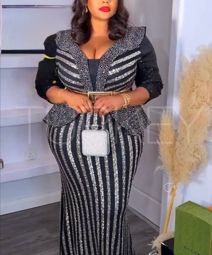 Gold Sequin Peplum Maxi Dress for Mother of The Bride Wedding Guest Birthday Photoshoot