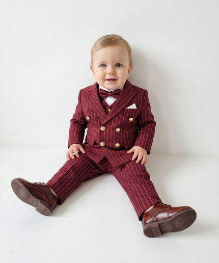 Boys' Pinstripe Slim Fit 5-Piece Suit Set: Wedding Ring Bearer Baptism Graduation Birthday Party Photoshoot