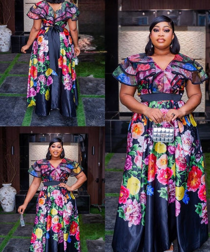 Floral Flare Sleeve Maxi Dress for Wedding Birthday Party Cocktail