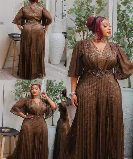 Black Flare Sleeve Applique Embellished Pleated Flowy Maxi Dress for Cocktail Dinner Party Mother of The Bride