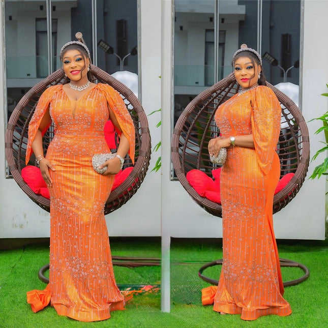 Metallic Orange Embellished Cape Sleeve Mermaid Gown