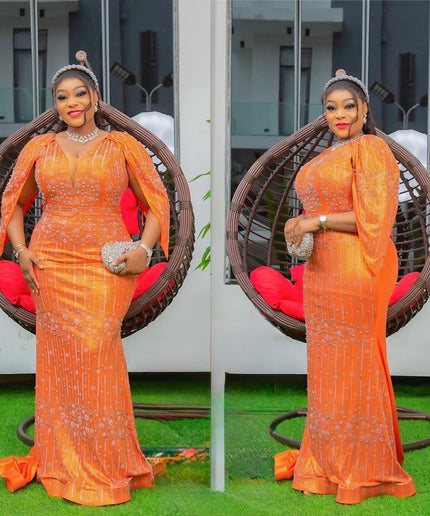 Metallic Orange Embellished Cape Sleeve Mermaid Gown