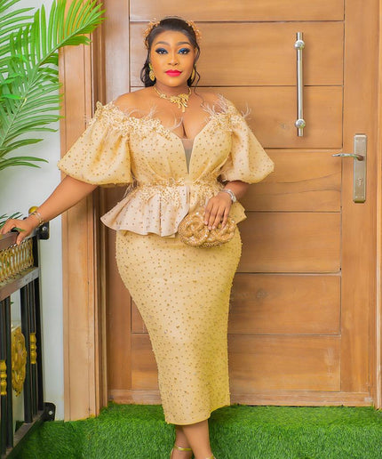 Off-Shoulder Embellished Peplum Feathered Dress: Wedding Guest Mother of The Bride Birthday Cocktail Party