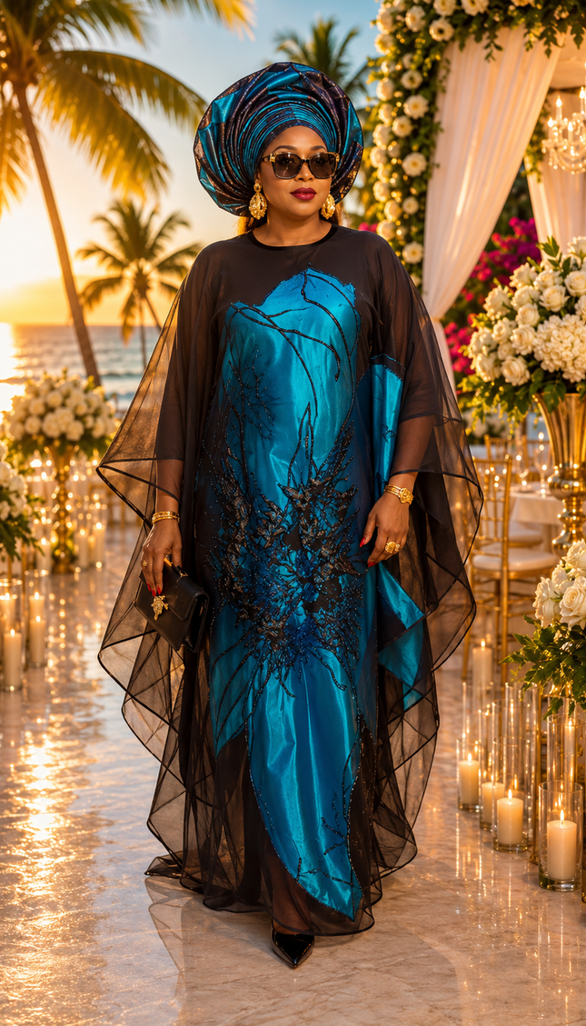 Blue Brocade Floral Kaftan Maxi Dress African Bubu Wedding Guest Attire Mother of The Bride Birthday Party Celebrant Photoshoot