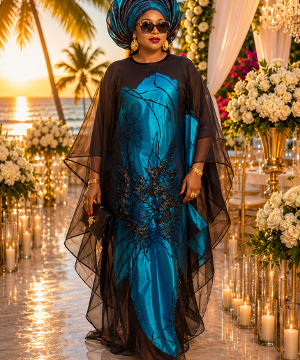 Blue Brocade Floral Kaftan Maxi Dress African Bubu Wedding Guest Attire Mother of The Bride Birthday Party Celebrant Photoshoot
