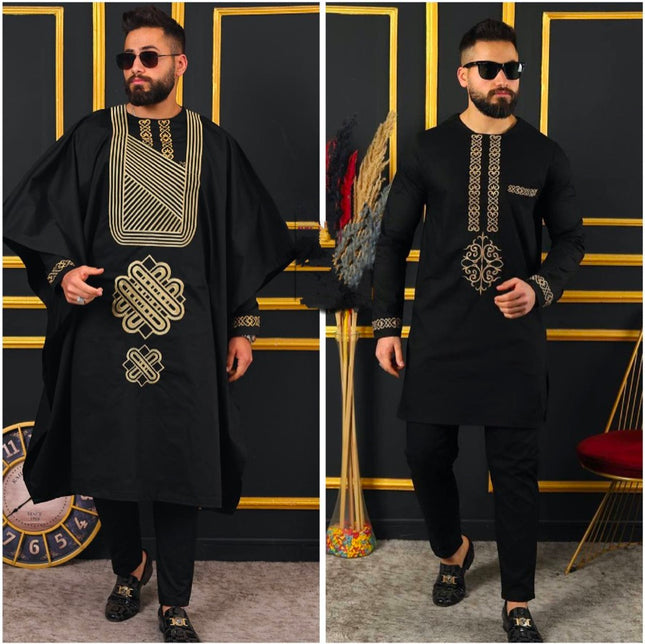 Burgundy Wine African Men's Traditional Wedding Attire, Embroidered Agbada 3-Piece Set: Birthday Party Graduation Engagement Groom Groomsmen Outfit