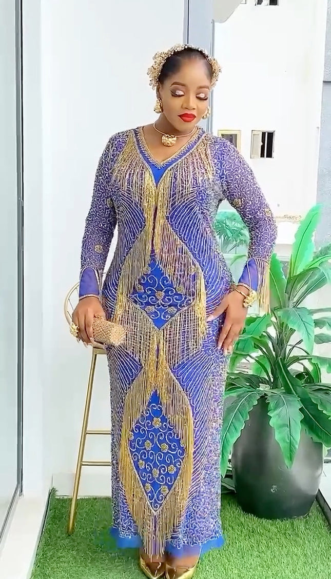 Metallic Gold Fringe Embellished Maxi Dress