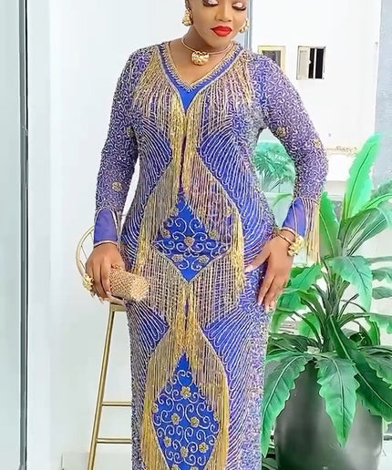 Metallic Gold Fringe Embellished Maxi Dress