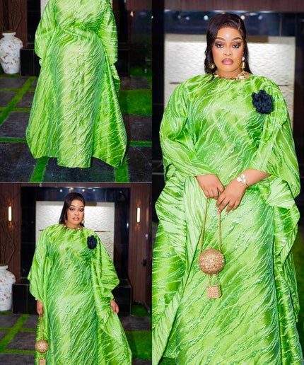 Lemon Green Brocade Bubu Dress with 3D Flower, African Wedding Guest Attire Engagement Ceremony Mother of The Bride Outfit