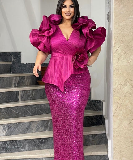 Dramatic Ruffle Sleeve Sequin Maxi Dress | Wedding Guest Look Birthday Party Mother of The Bride
