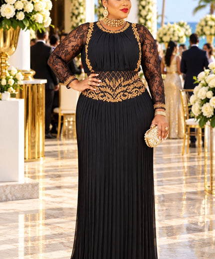 Red Lace and Pleated Maxi Dress with Gold Embroidery Accent for Holiday Cocktail Reception Wedding Guest Birthday Party Outfit