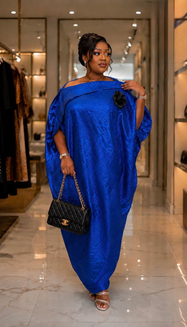 Luxury Royal Blue Off-Shoulder Brocade Kaftan Dress with Detachable 3D Flower, African Bubu Gown Wedding Guest Attire Rich Aunty Vibe Birthday Party Outfit Oversized Loose Plus Size Turkish Women's Fashion
