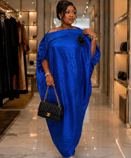 Luxury Royal Blue Off-Shoulder Brocade Kaftan Dress with Detachable 3D Flower, African Bubu Gown Wedding Guest Attire Rich Aunty Vibe Birthday Party Outfit Oversized Loose Plus Size Turkish Women's Fashion