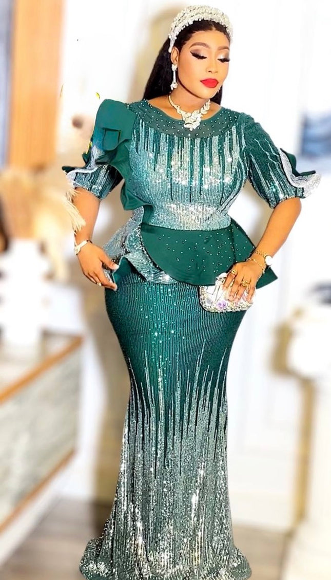 Sequin Party Mermaid Dress Peplum Ruffle Sleeve, Plus Size Mother of The Bride Maxi Gown Long, Cocktail Anniversary Birthday Celebration