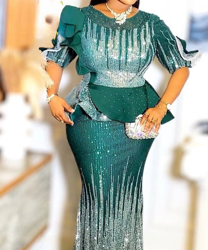Sequin Party Mermaid Dress Peplum Ruffle Sleeve, Plus Size Mother of The Bride Maxi Gown Long, Cocktail Anniversary Birthday Celebration