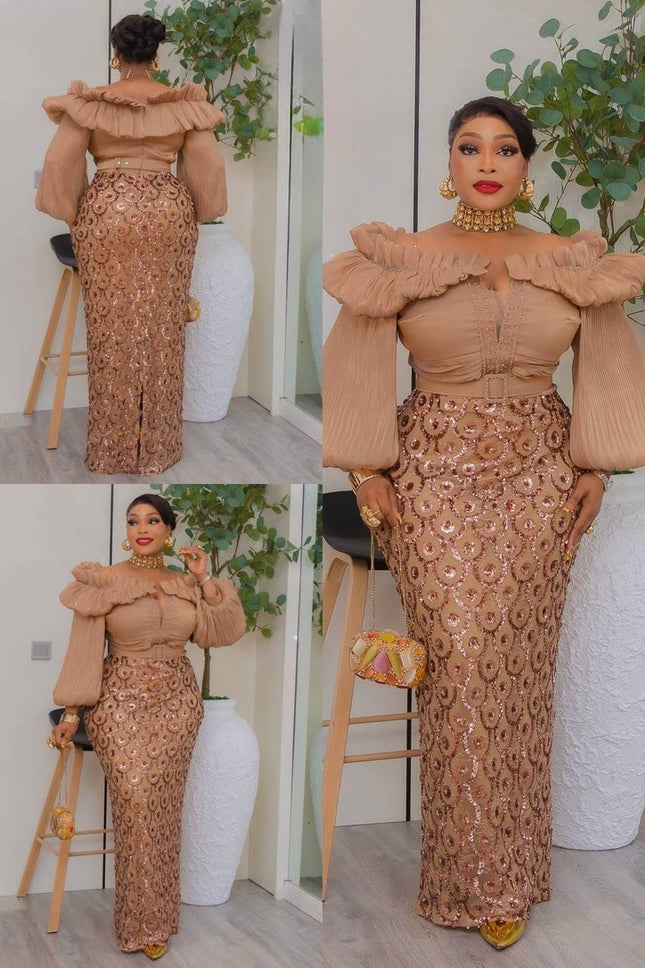 Off-The-Shoulder Sequin Bishop Sleeve Party Dress: Wedding Birthday Cocktail Gala