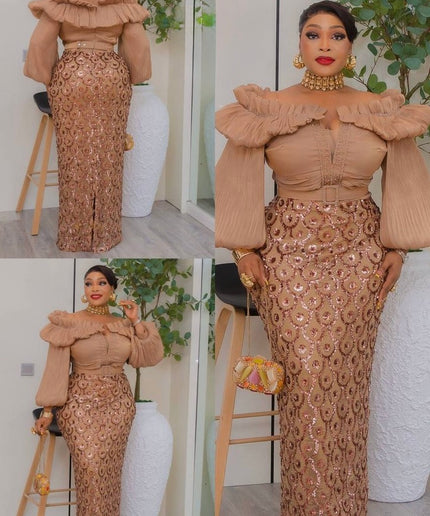 Off-The-Shoulder Sequin Bishop Sleeve Party Dress: Wedding Birthday Cocktail Gala