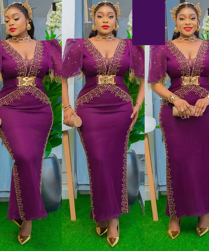 Fringe Beaded Cap Sleeve Embellished Maxi Dress