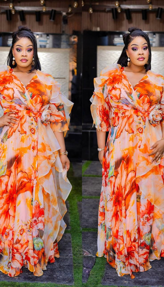 Pink Floral Ruffle 3D Flower Twirl Maxi Dress: Wedding Guest Birthday Graduation Cocktail Party