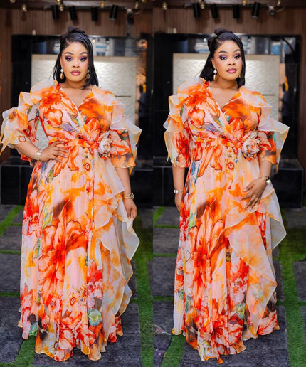Pink Floral Ruffle 3D Flower Twirl Maxi Dress: Wedding Guest Birthday Graduation Cocktail Party