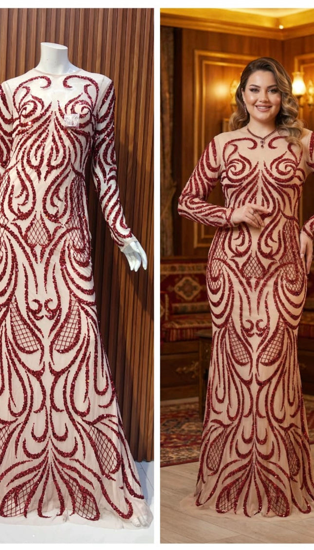 Sparkly Green Embellished Long Sleeve Evening Gown for Wedding Guest Prom Mother of The Bride Photoshoot Birthday Dinner