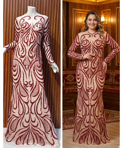 Sparkly Green Embellished Long Sleeve Evening Gown for Wedding Guest Prom Mother of The Bride Photoshoot Birthday Dinner