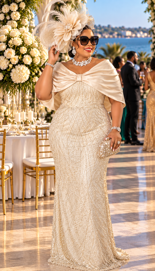 "Church To Cocktail" Beige Beaded Embellished Bow-Knot Capelet Mermaid Evening Dress for Mother of The Groom Wedding Guest Cocktail Reception Plus Size